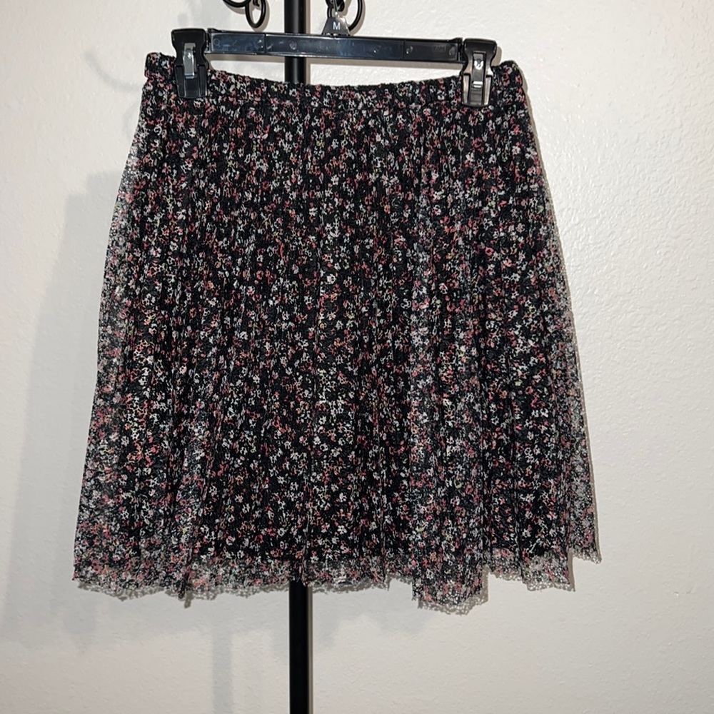 Black with pink, yellow and white pattern knee length skirt, size Small